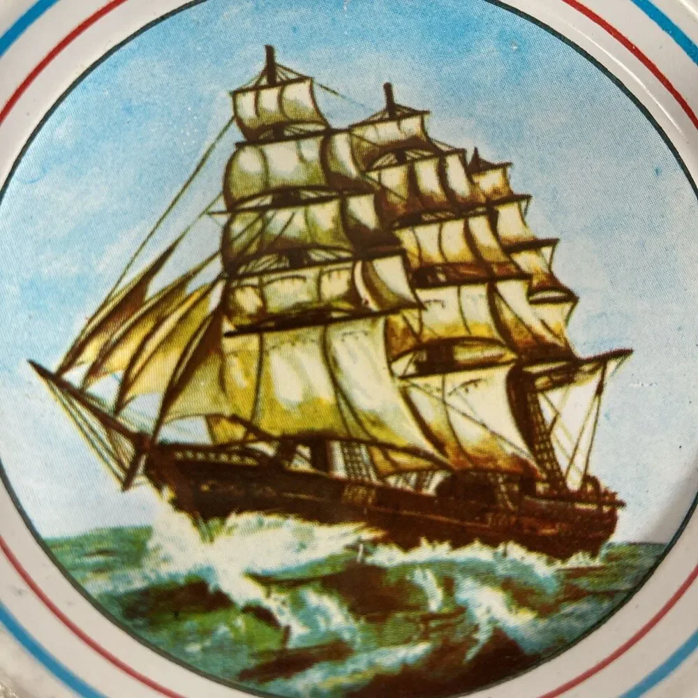 Vintage Tin Metal Coasters Ship Ocean Coastal Beach Nautical Set/9 Made Brazil